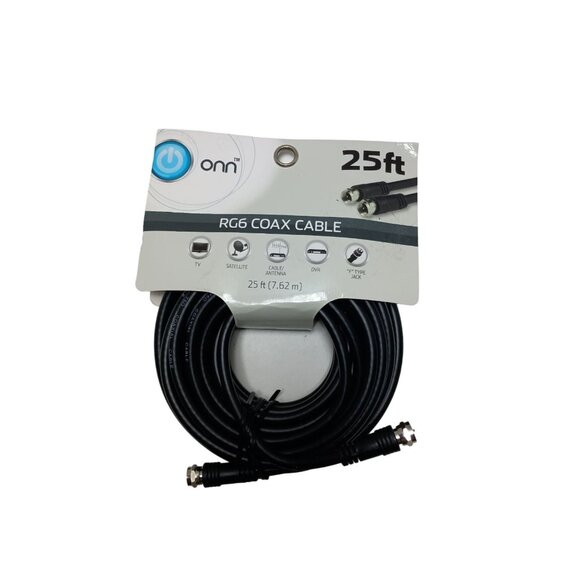 ONN 25 feet RG6 Coax Cable F Type Jack 2 Connections Black TV Computer Cable New - Picture 1 of 2